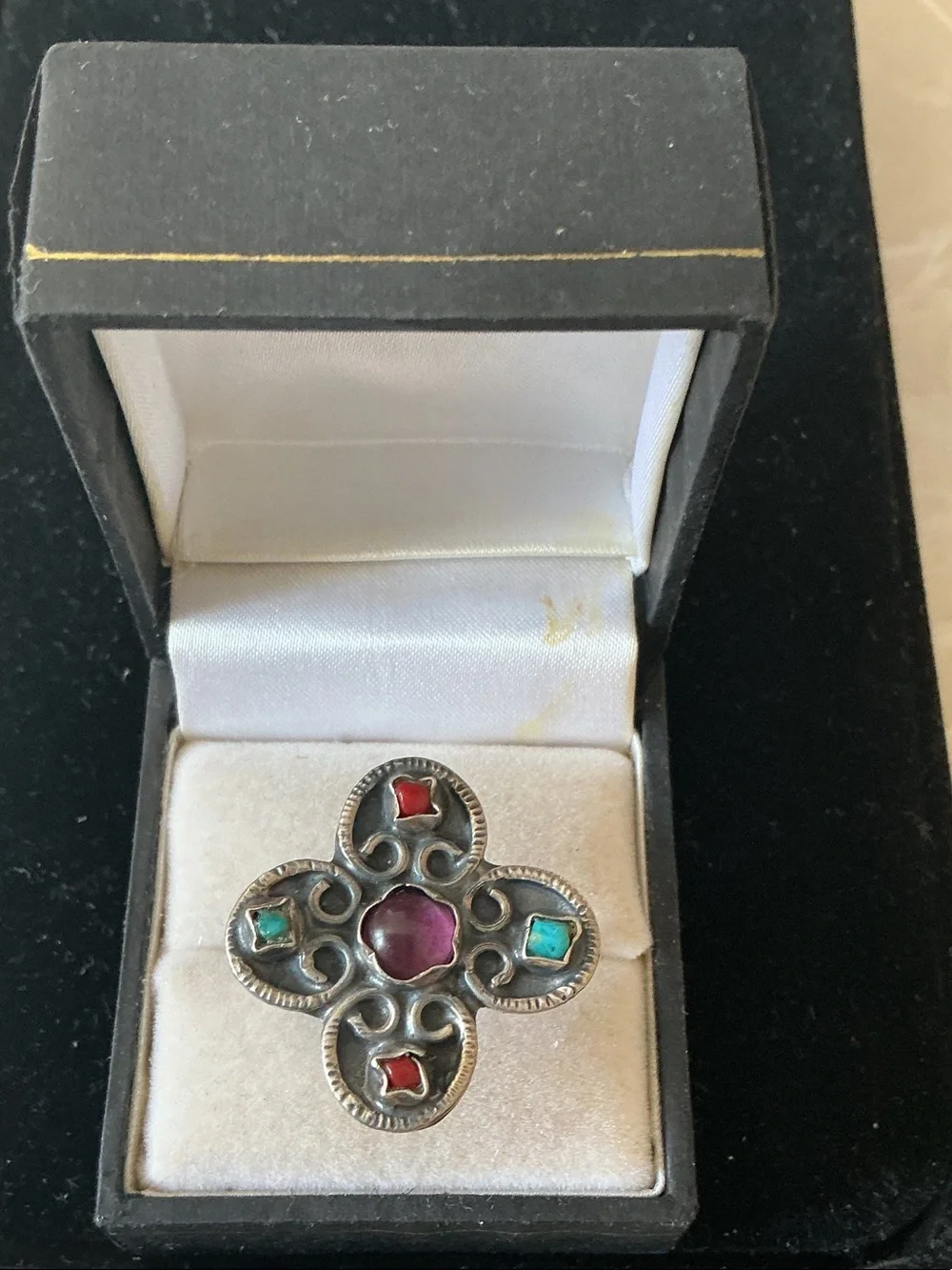 Silver Multi-Stone Floral Motif Ring - Purple, Red & Turquoise